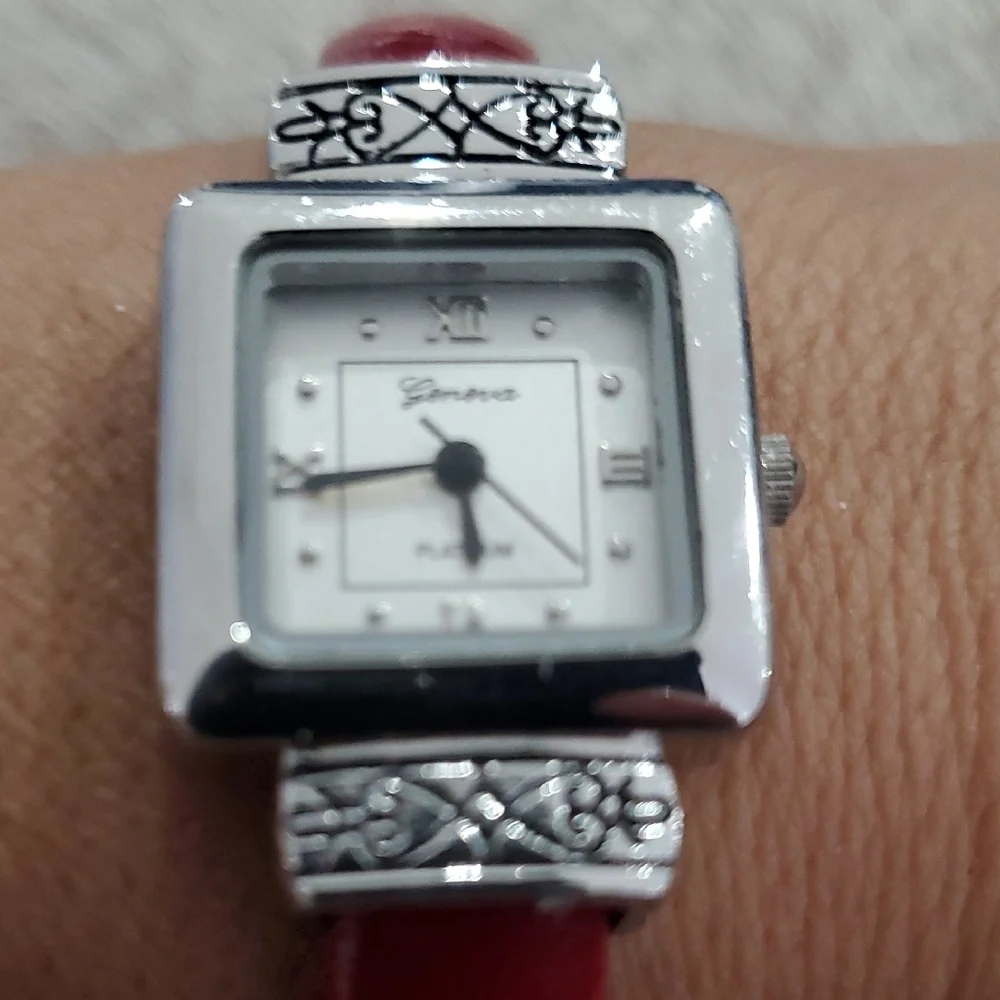 Geneva Women's Watch with Red Strap and Silver Case